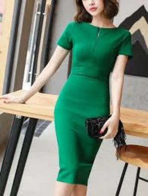 Office pencil dress with front slitted neckline