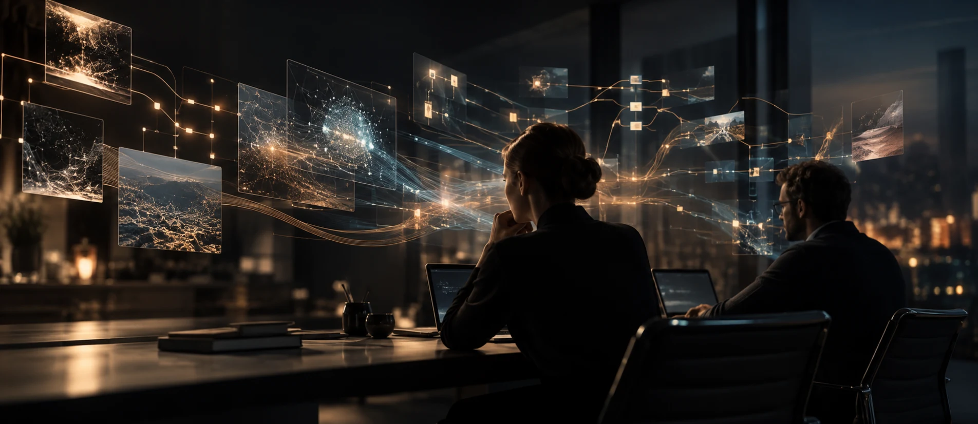 Menschen in einer modernen Arbeitsumgebung mit vernetzten digitalen KI-Systemen und Datenströmen