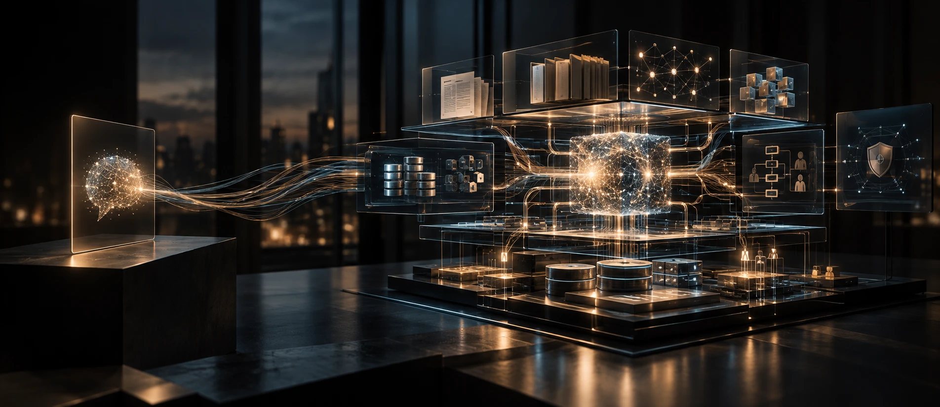 Abstrakte KI-Architektur, die sich von einem einzelnen intelligenten Werkzeug zu einem vernetzten digitalen System entwickelt