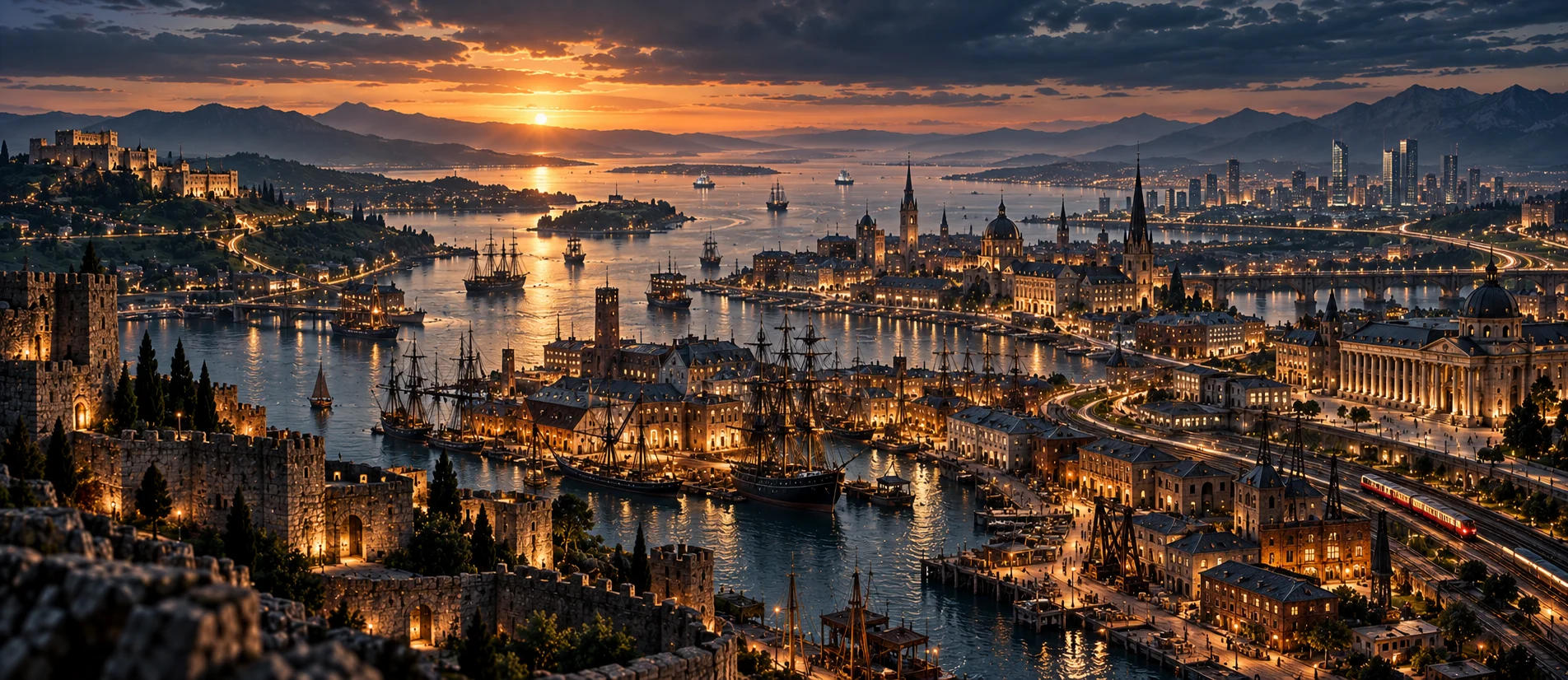 Historic port and trading city with fortifications, sailing ships, classical architecture and a modern skyline