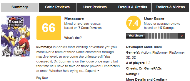 sonic heroes metacritic