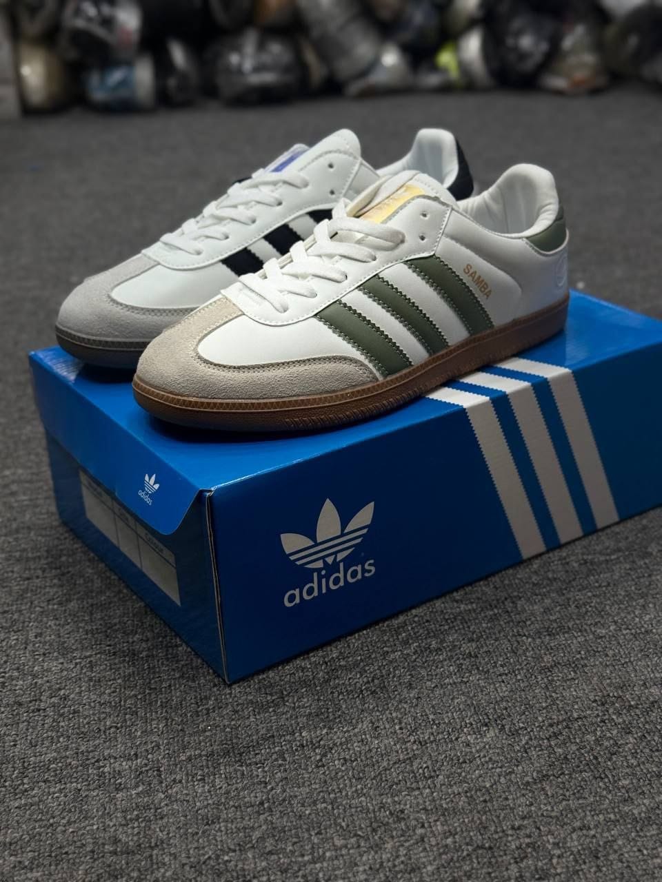 Adidas Samba OG Leather Sneakers – White / Olive Green & Gum Sole
