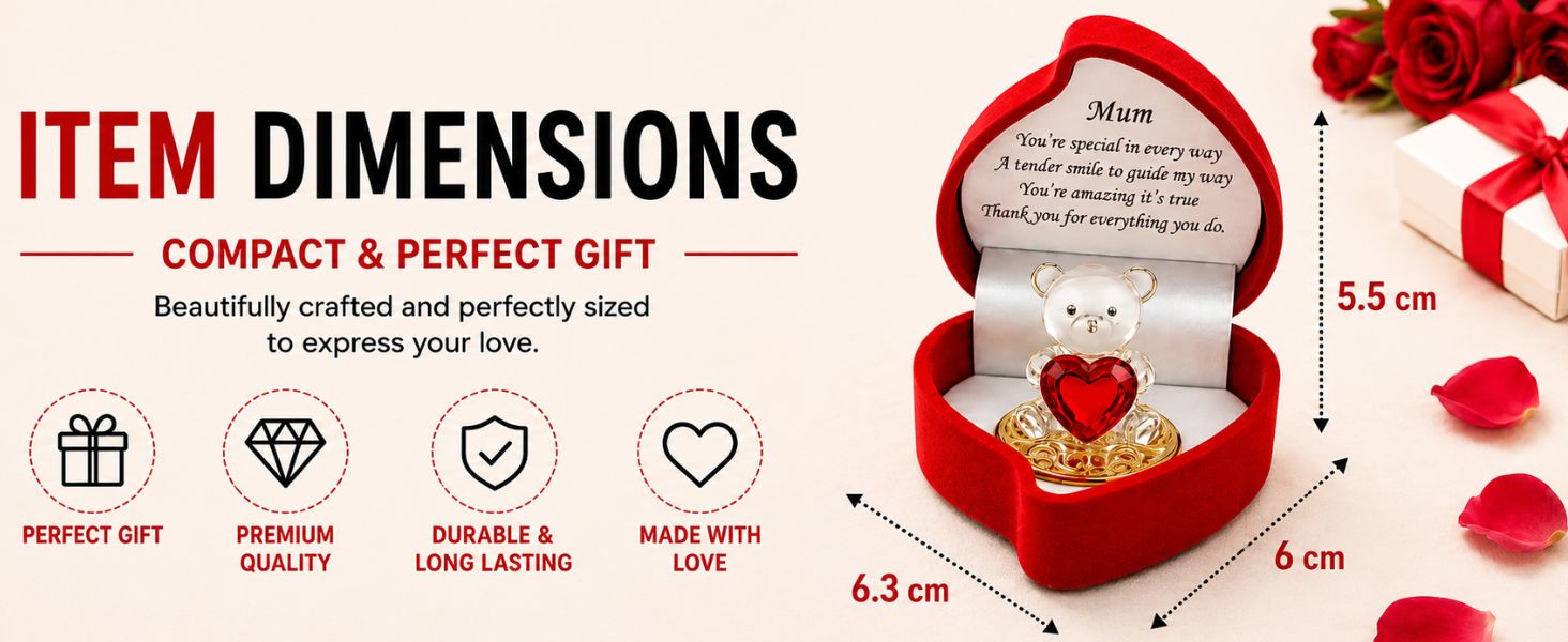 Close view of teddy bear in red heart gift box