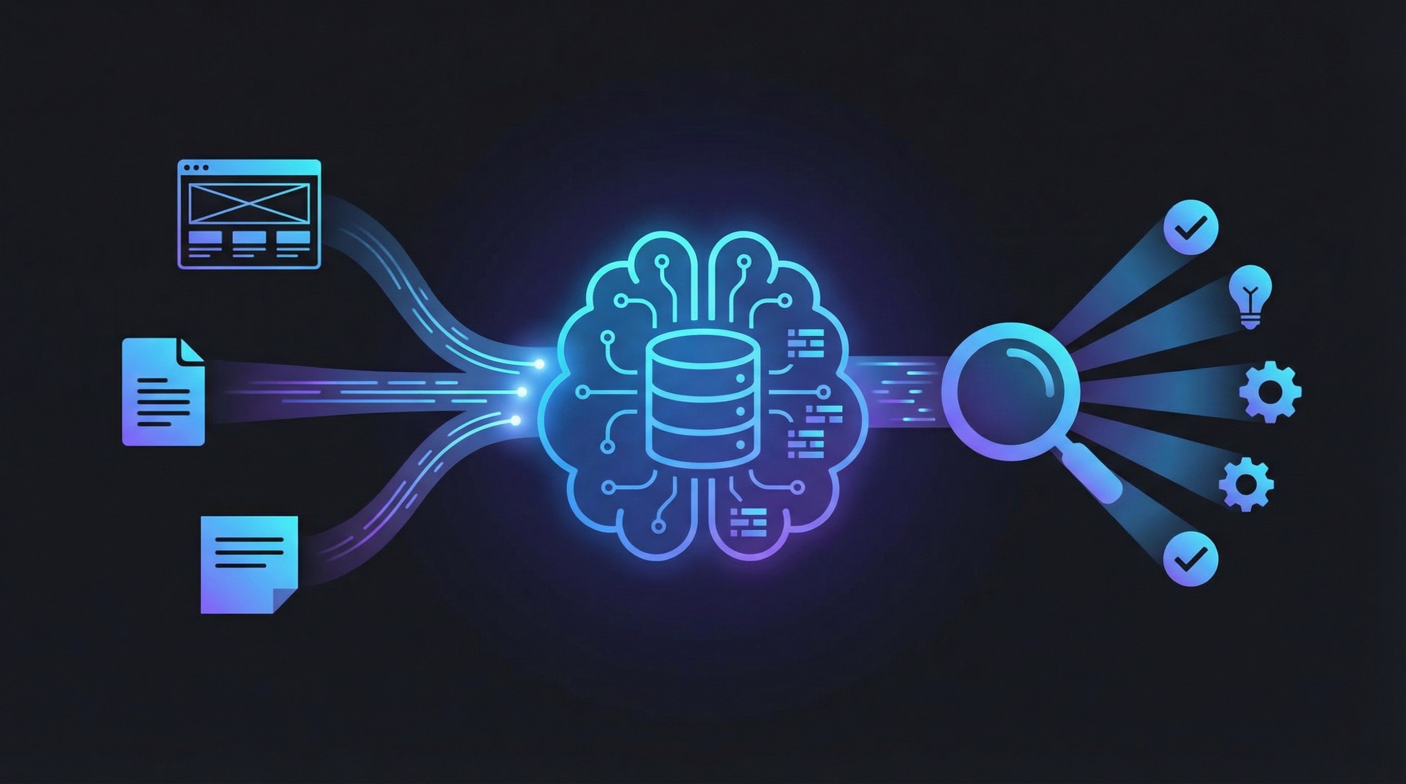 Knowledge Base Concept — Data flows in from websites, documents, and notes; AI searches and retrieves answers