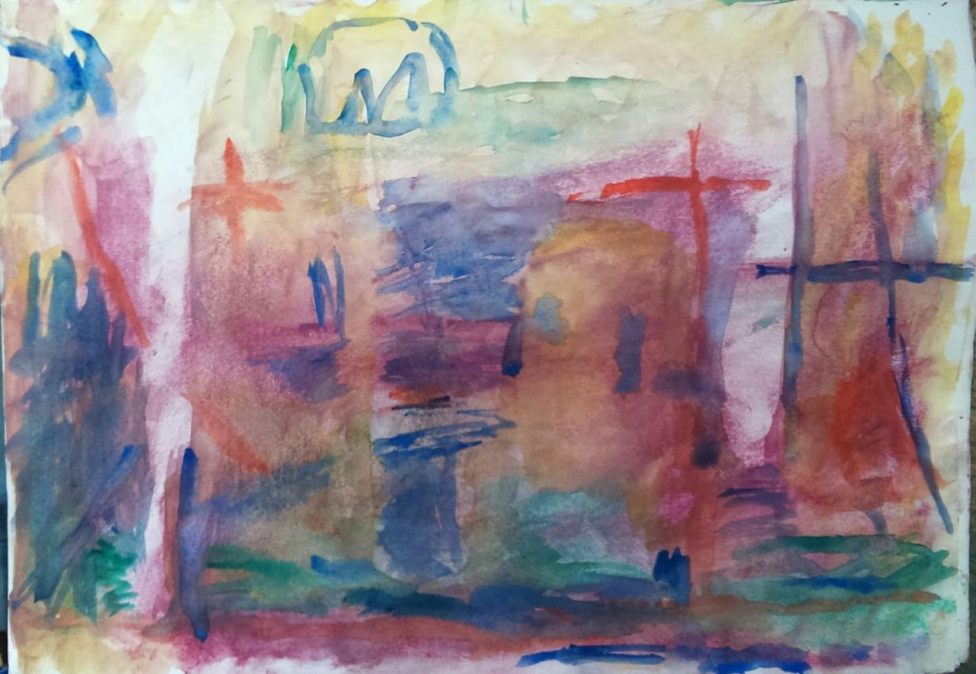 Untitled (figures floating in red, blue, yellow, green)