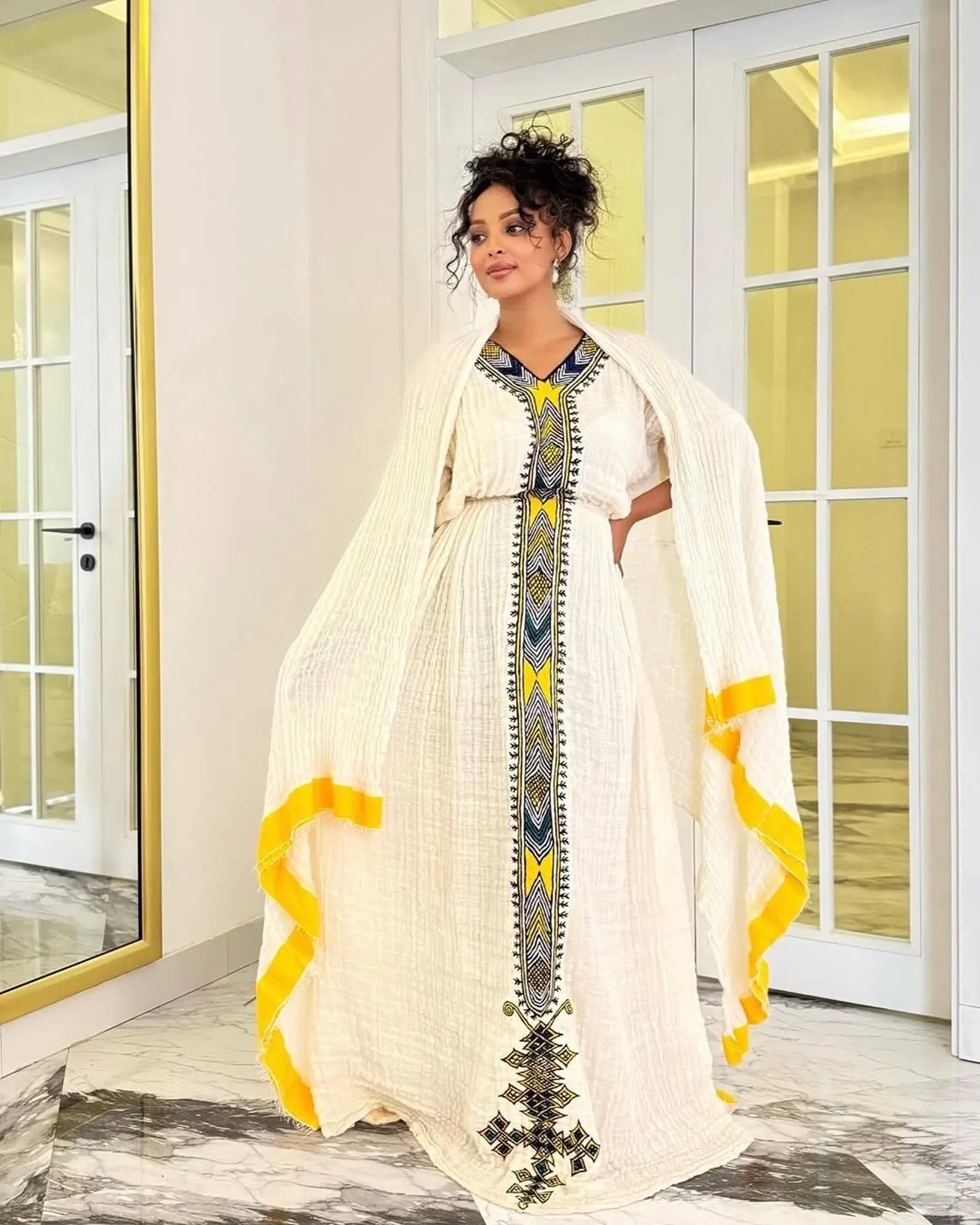 Axum handwoven Ethiopian cotton Kemis with tibeb embroidery የአክሱም በእጅ የተሰራ የኢትዮጵያ ጥጥ ቀሚስ Ethiopian traditional Habesha clothing – YeshiCloth (image 3)