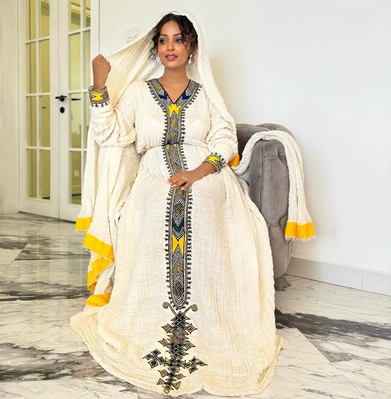 Axum handwoven Ethiopian cotton Kemis with tibeb embroidery የአክሱም በእጅ የተሰራ የኢትዮጵያ ጥጥ ቀሚስ Ethiopian traditional Habesha clothing – YeshiCloth (image 2)