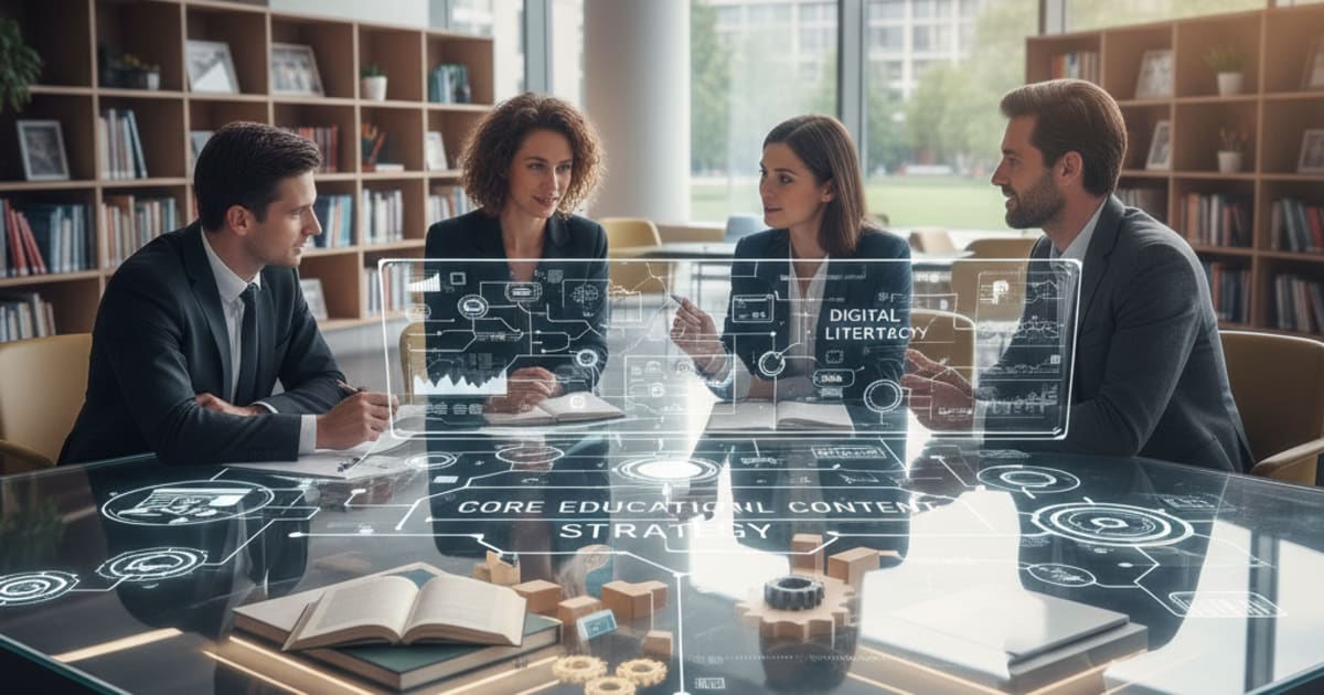 A high-quality editorial photograph illustrating: Core Educational Content & Curriculum Strategy. Clean modern composition, professional lighting, cinematic style.