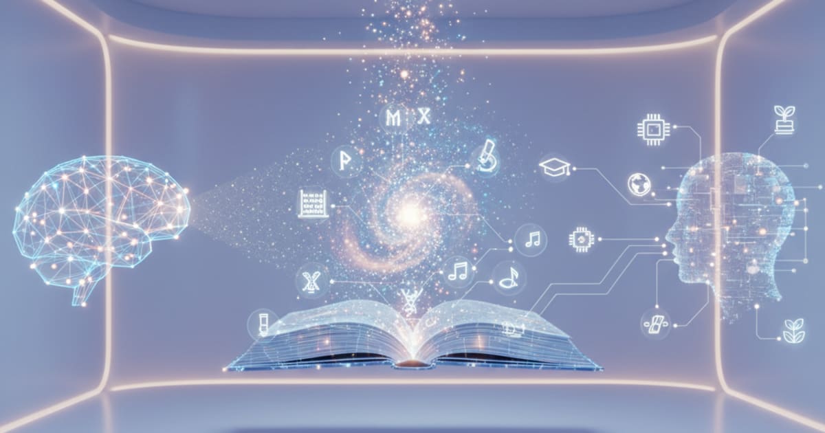 A conceptual, photo-realistic editorial image illustrating the core theme of: "Future of AI in Education & Pedagogical Integration". Brand: Kurboed. Theme: Kurboed is an AI-powered personalized learning platform designed for students in grades 1-12. It use... Focus on abstract visual metaphors, clean modern aesthetic, and professional cinematic lighting. Rule of thirds composition. NO TEXT, NO LOGOS, NO WATERMARKS, NO PEOPLE LOOKING AT CAMERA.