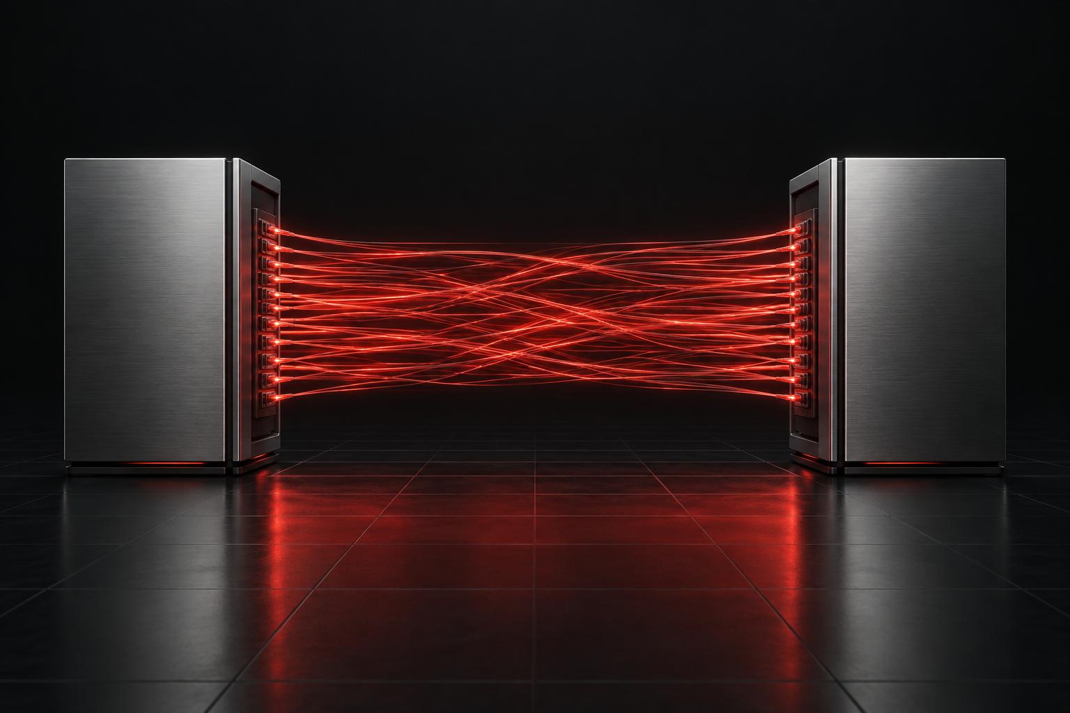 Concept illustration of two endpoints linked by direct red data streams