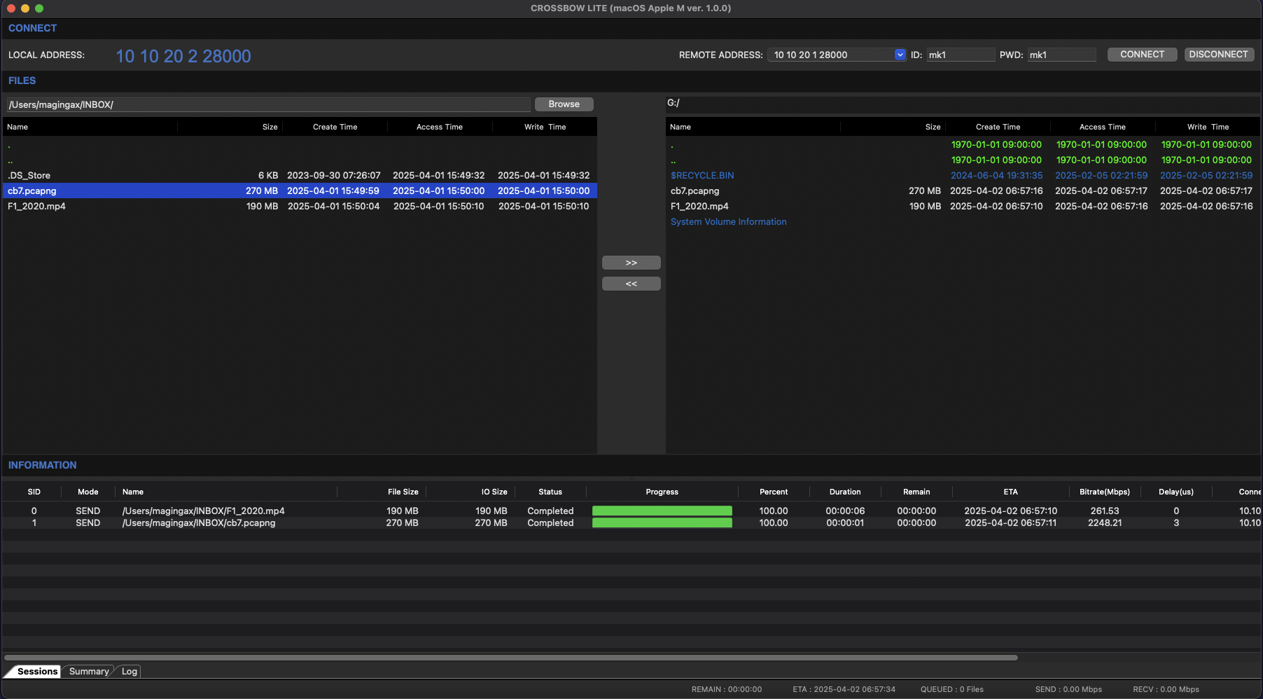 CROSSBOW LITE file browser and completed transfer progress