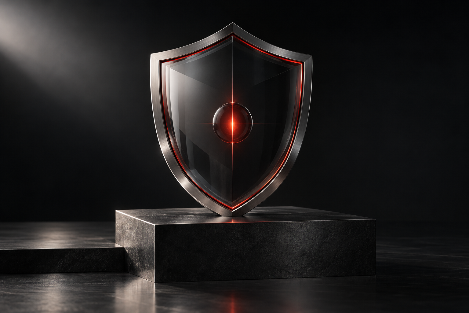 Concept illustration of a glass and metal shield protecting a glowing red core