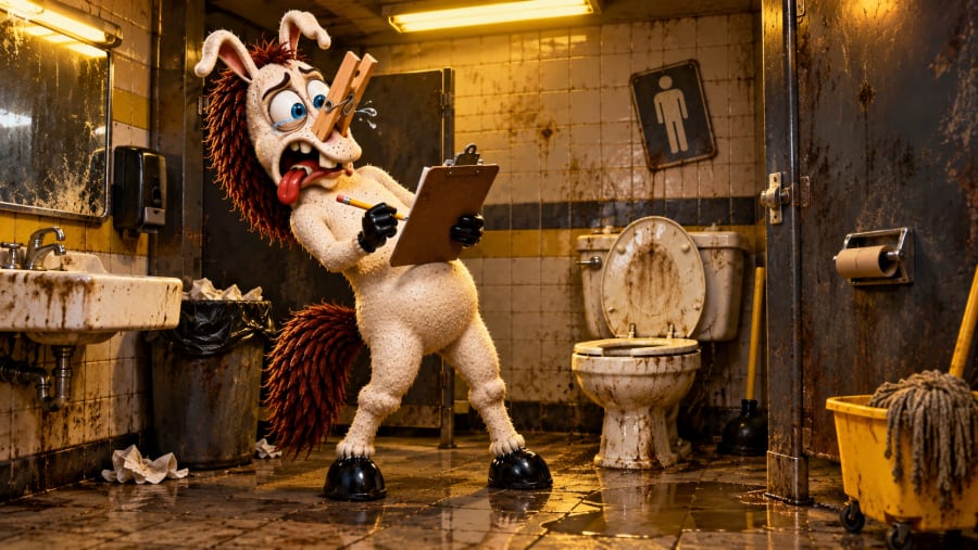 PISSIN reviewing a bathroom