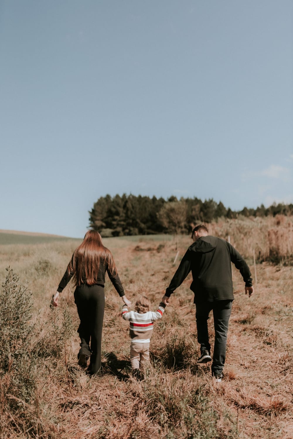 Papá, mamá y su hijo caminan de la mano por el campo