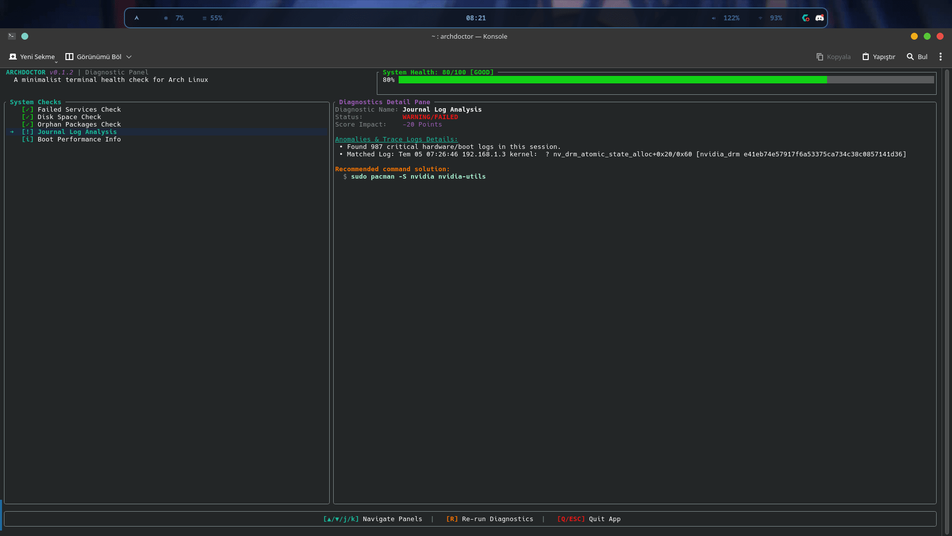ArchDoctor Arch Linux sistem analiz ve tanı CLI aracı