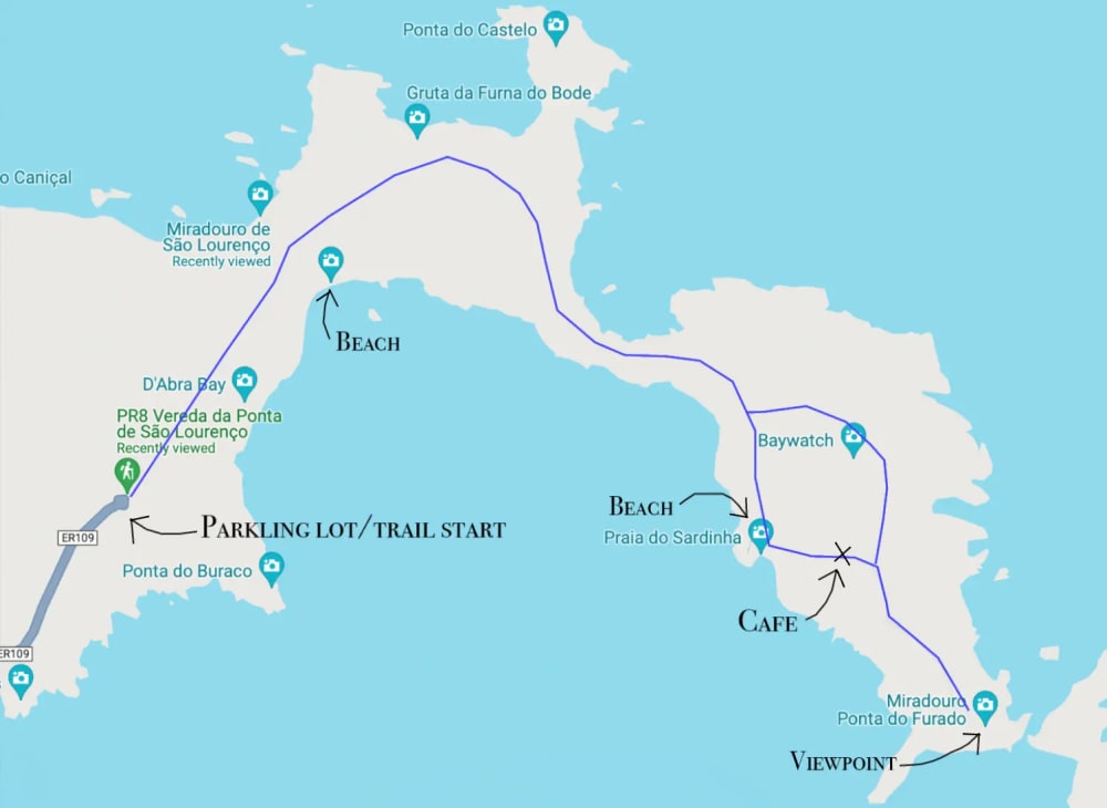 Map of the PR8 Vereda da Ponta de São Lourenço hiking trail, including Miradouro Ponta do Furado and Casa do Sardinha café on Madeira Island