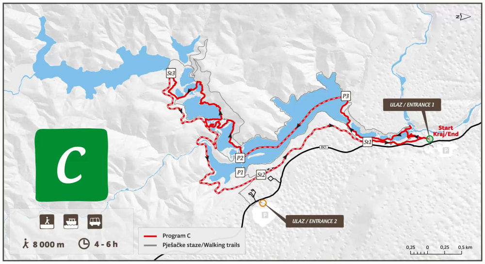 A map of 'Program C' hiking route at Plitvice Lakes National Park