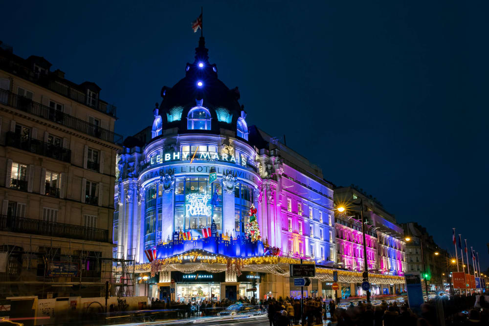 A rooftop at night in Paris, France