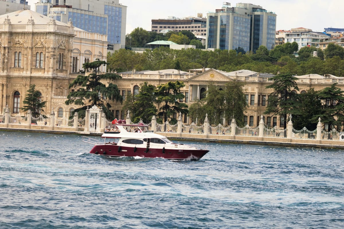 Istanbul coastline seen from the Bosphorus Strait in Istanbul, Turkey