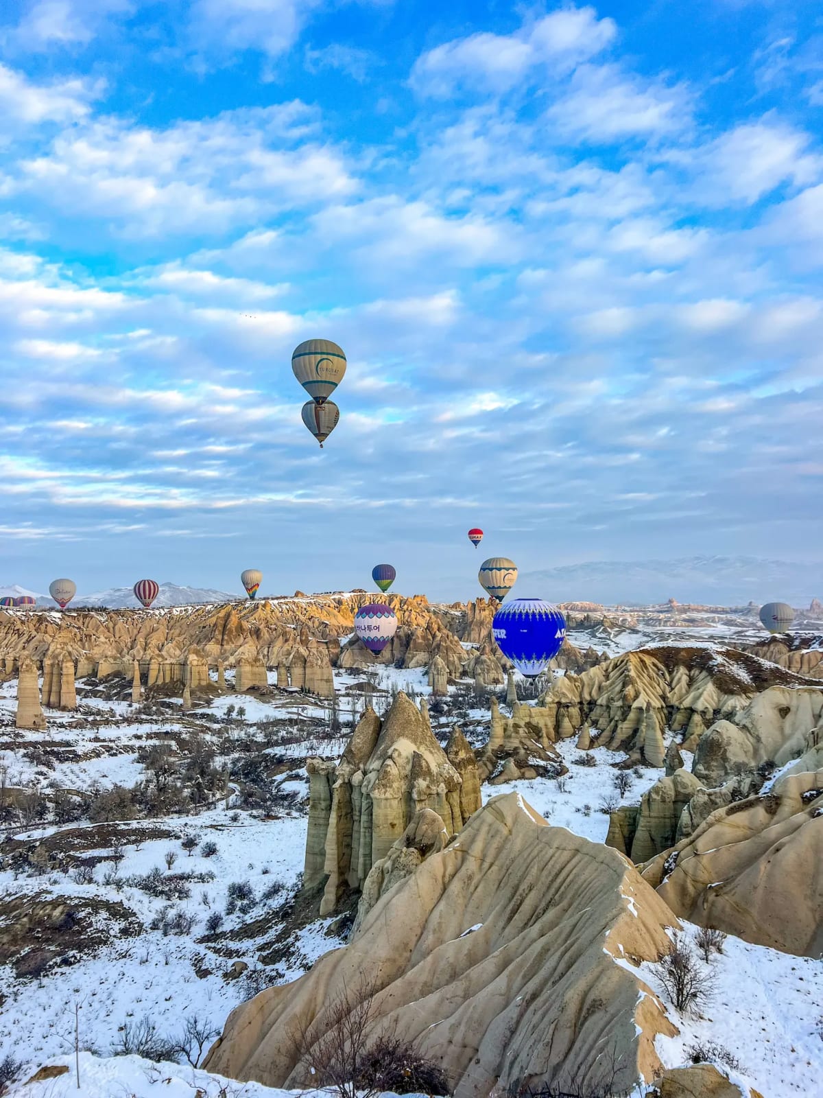 Love Valley viewpoint hot air balloons in Cappadocia, Turkey, in the winter