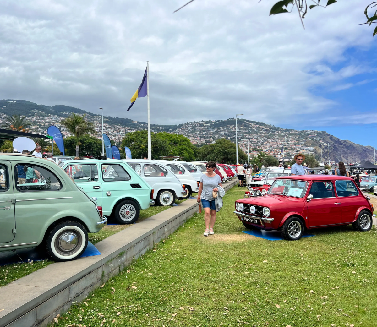 Vintage cars lined up at Praça do Povo during the classic car revival show in Funchal on Madeira Island