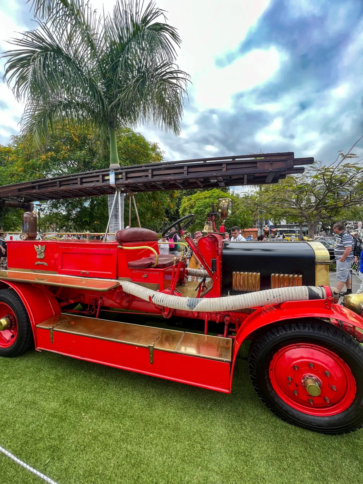 Vintage firetruck on display at a classic car show in Funchal on Madeira Island