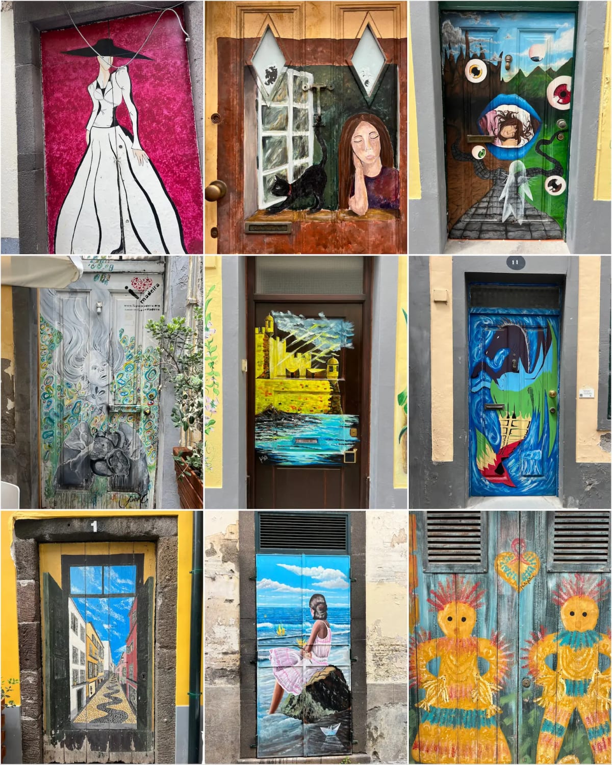 Hand painted murals on the doors of Rua de Santa Maria in the art district of Funchal on Madeira Island