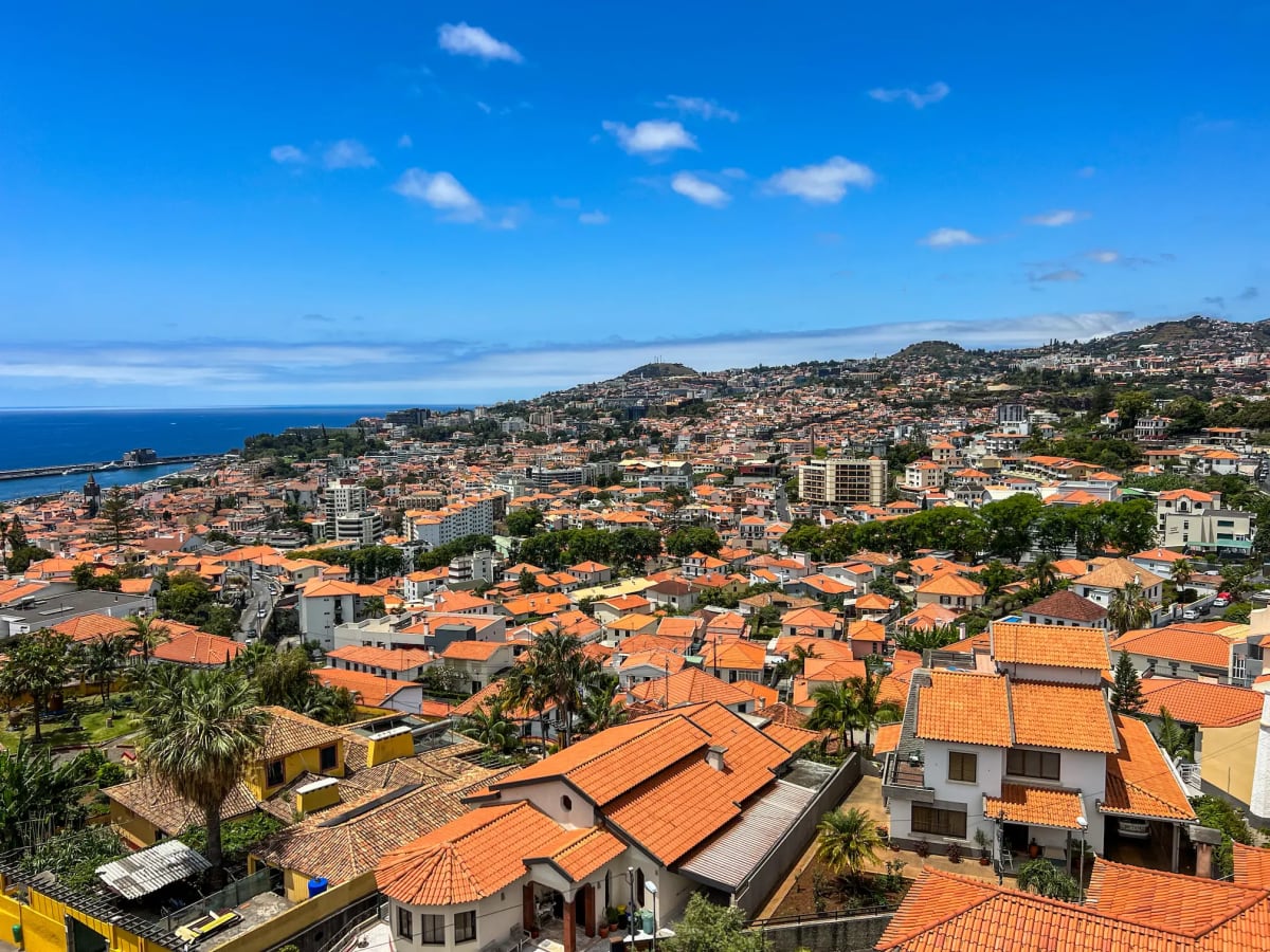 Aerial views of Funchal and the Atlantic ocean on Madeira Island as seen from the Teleférico do Funchal