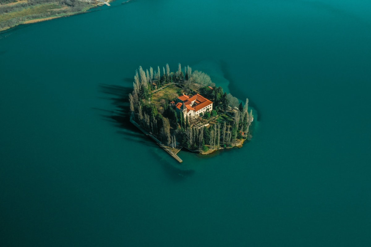 Aerial view of Visovac Island at Krka National Park in Croatia