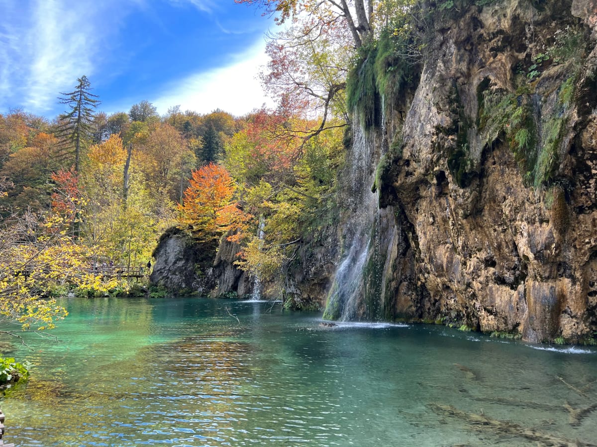 Waterfalls and fall foliage at a national park in Croatia