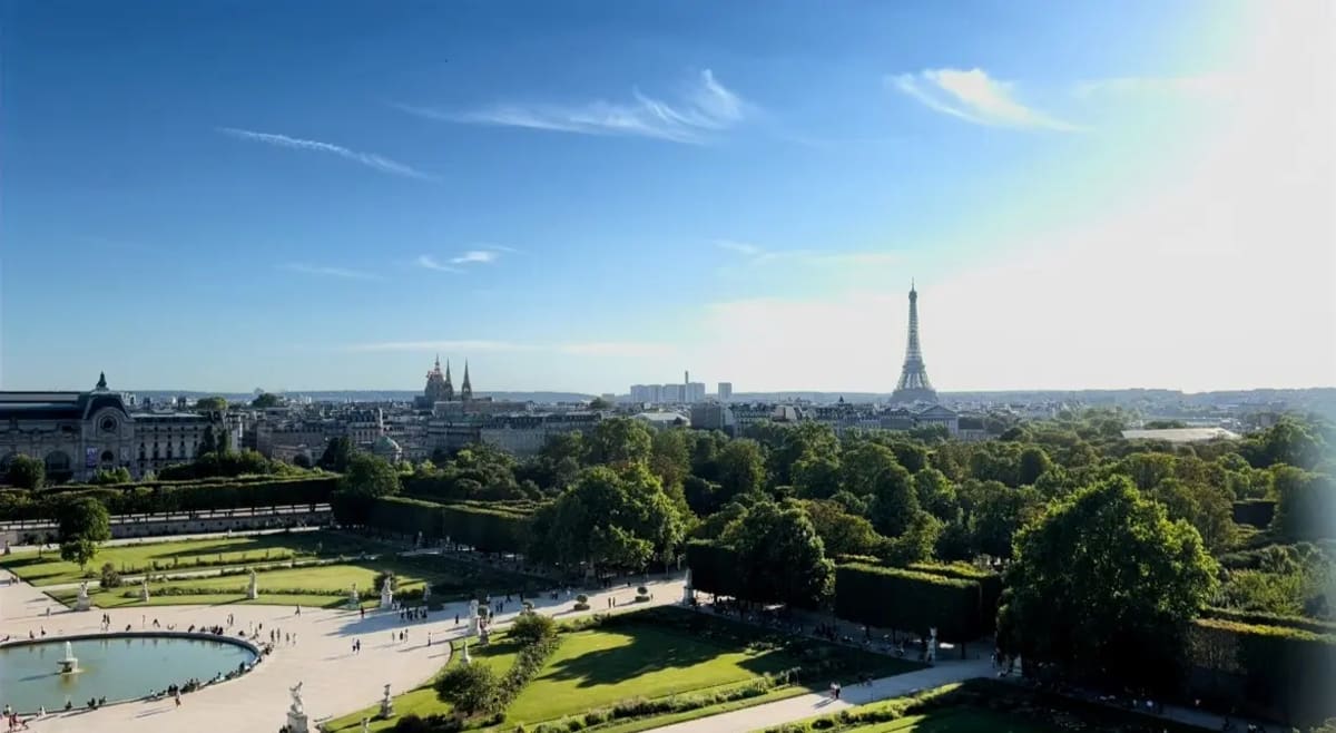 A view of the Eiffel Tower and Tuileries Gardens in Paris, France