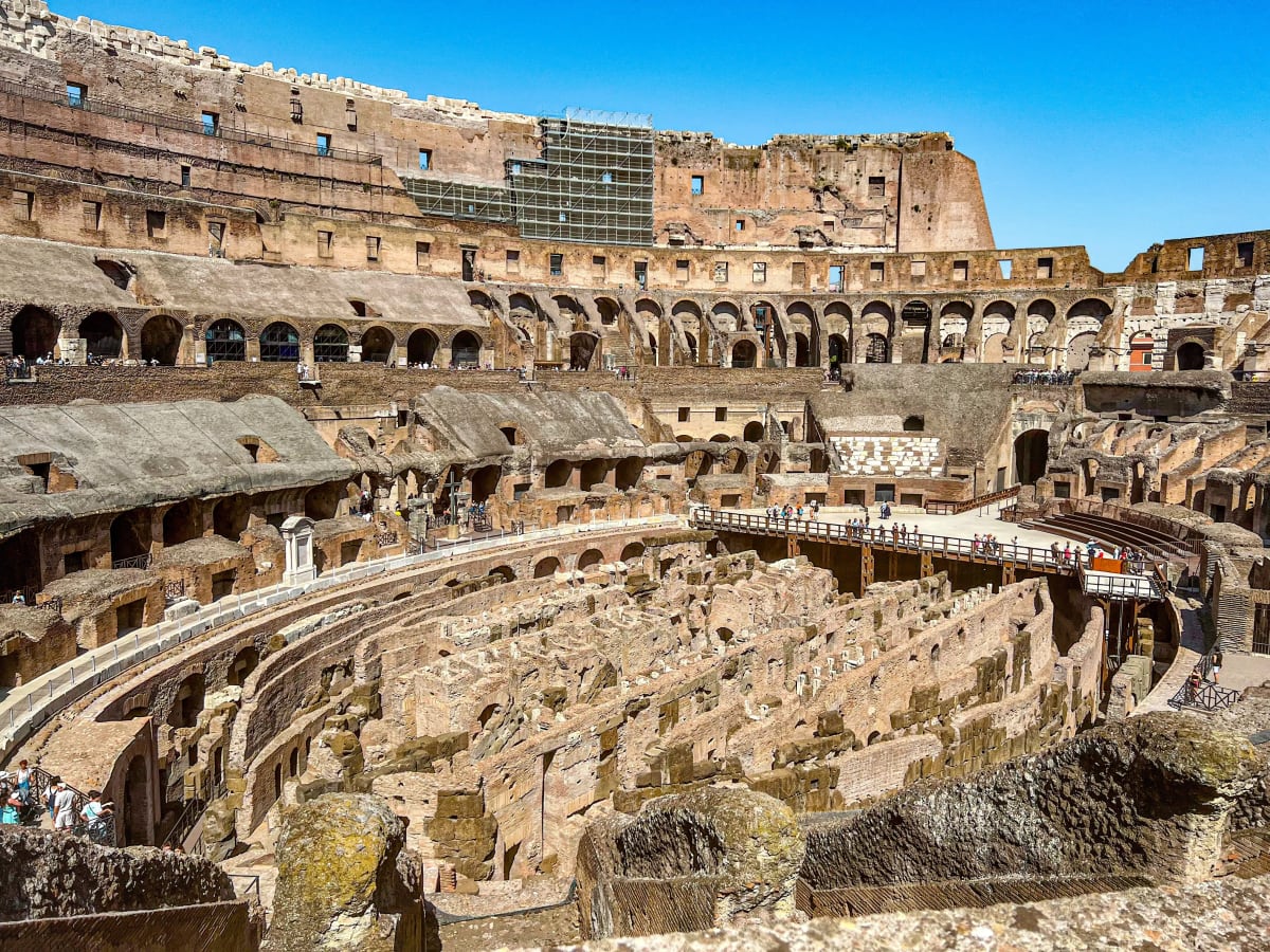 The inside of the Roman Colosseum in Italy