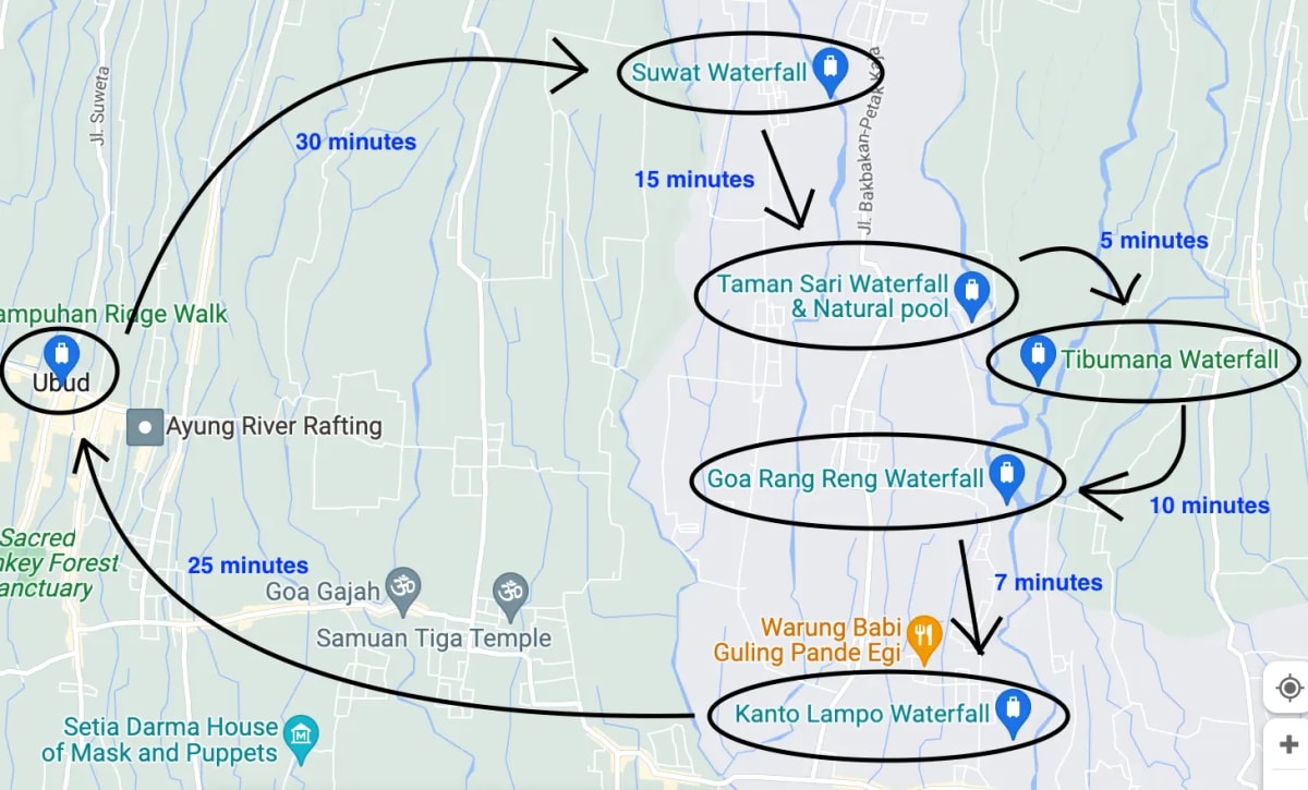 Ubud waterfall itinerary map: Self-drive tour route for 5 best waterfalls in Bali