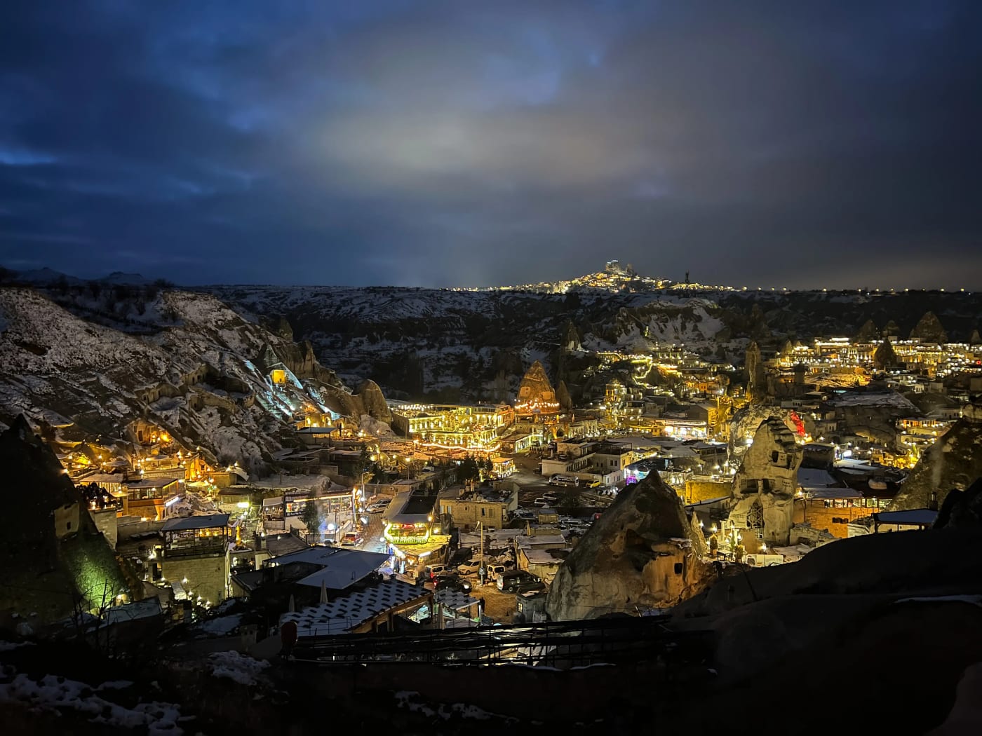 The town of Göreme at night seen from a panoramic viewpoint observation deck in Cappadocia, Turkey