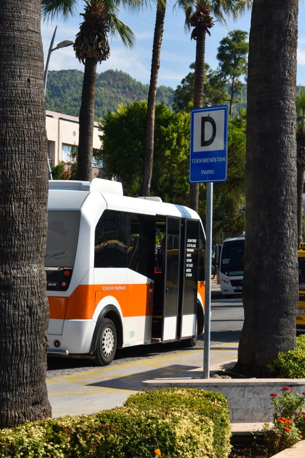 Orange and white Içmeler-Marmaris dolmuş minibus on the Turkish Riviera