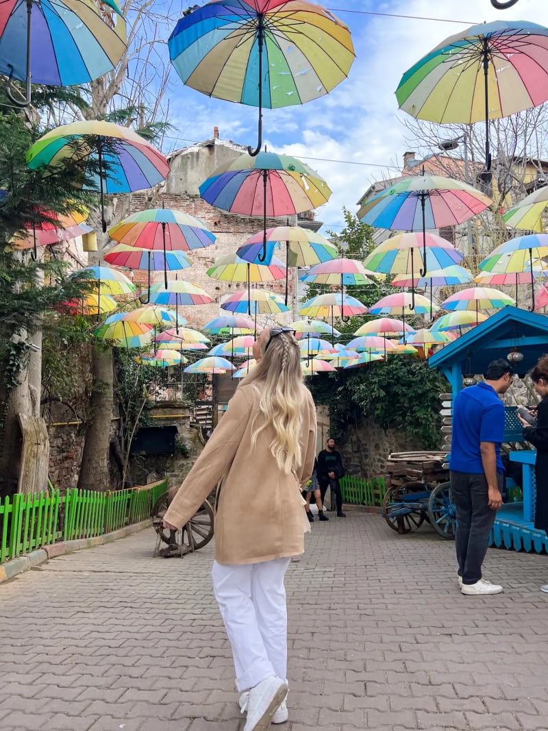 Colorful umbrellas outside of Balat Antik Cafe in Istanbul, Turkey