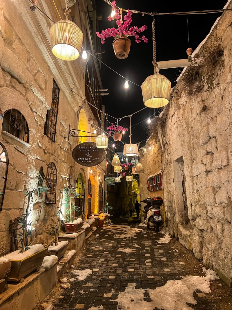 Pretty street in Göreme town at night in Cappadocia Turkey in the winter