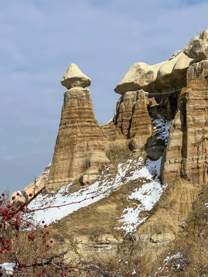 Unique rock formations of Cappadocia Turkey, seen along the Rose Valley hiking trail in the winter