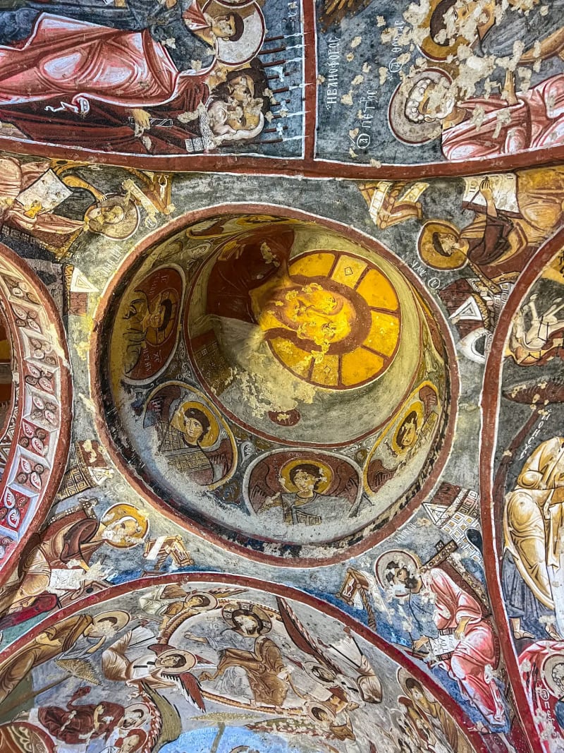 Fresco paintings in a cave church at the Göreme open air museum in Cappadocia Turkey