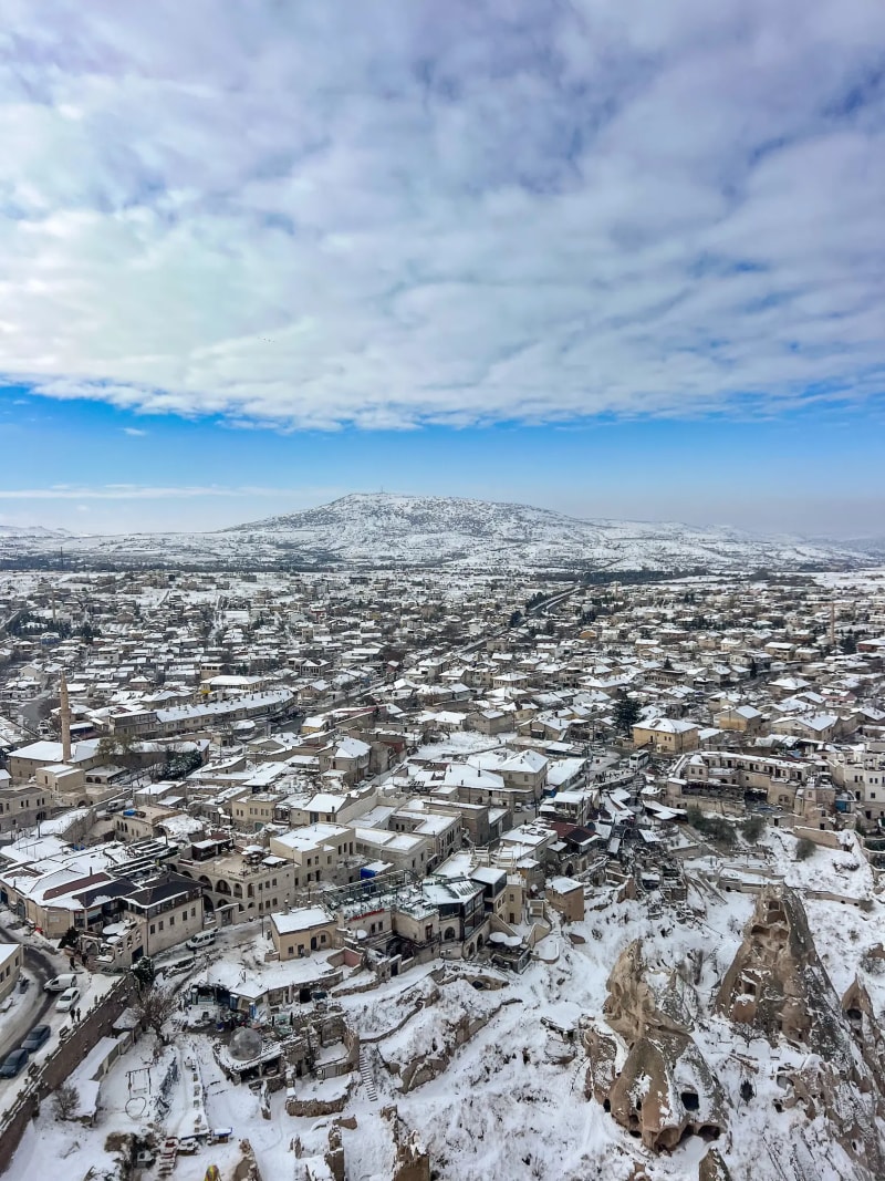 Panoramic views of the snowy landscape seen from the Uçhisar castle in Cappadocia Turkey