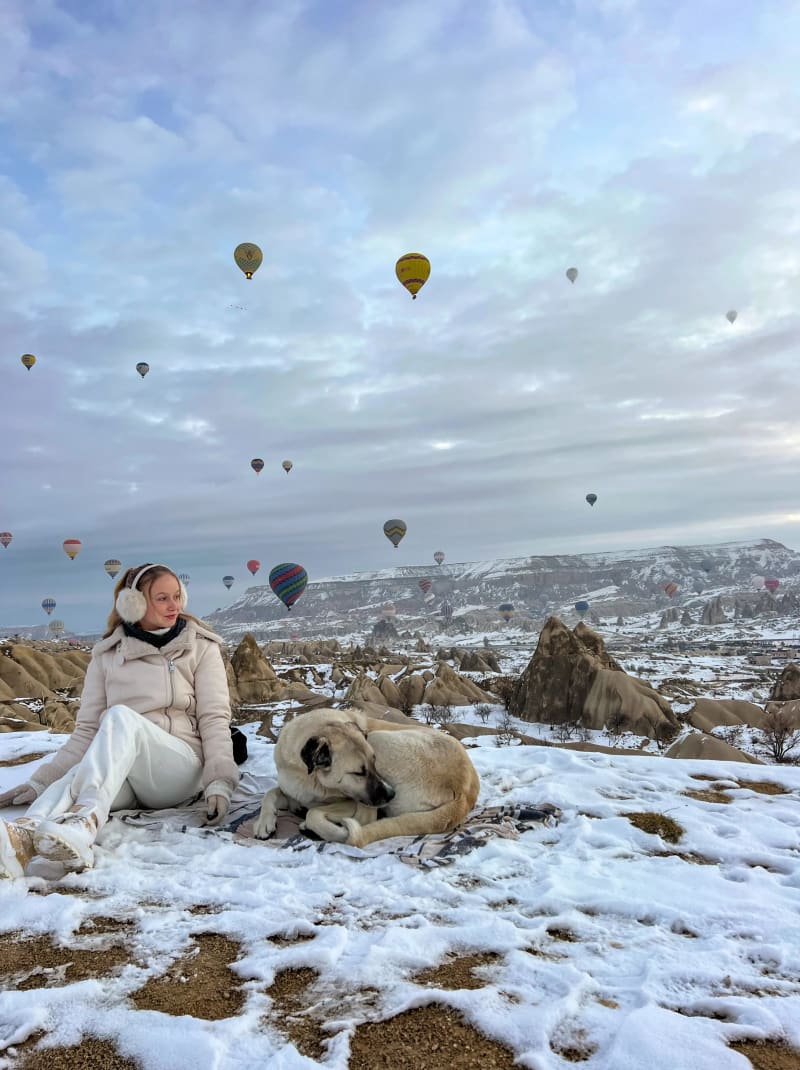 Cappadocia Turkey hot air balloons flying at sunrise in the winter