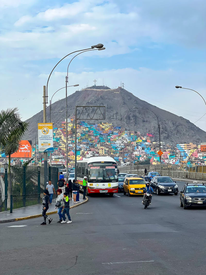 A colorful favela on a mountain in the district of Centro Histórico in Lima, Peru