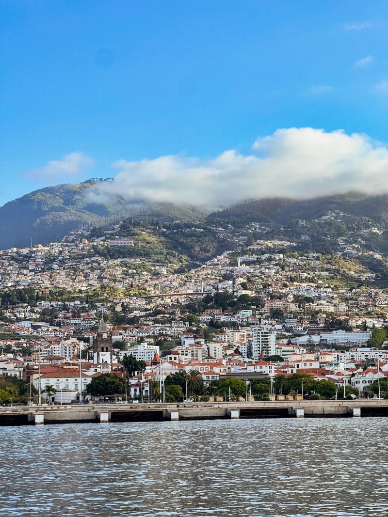 Mountain views of Funchal from across the Atlantic on Madeira Island