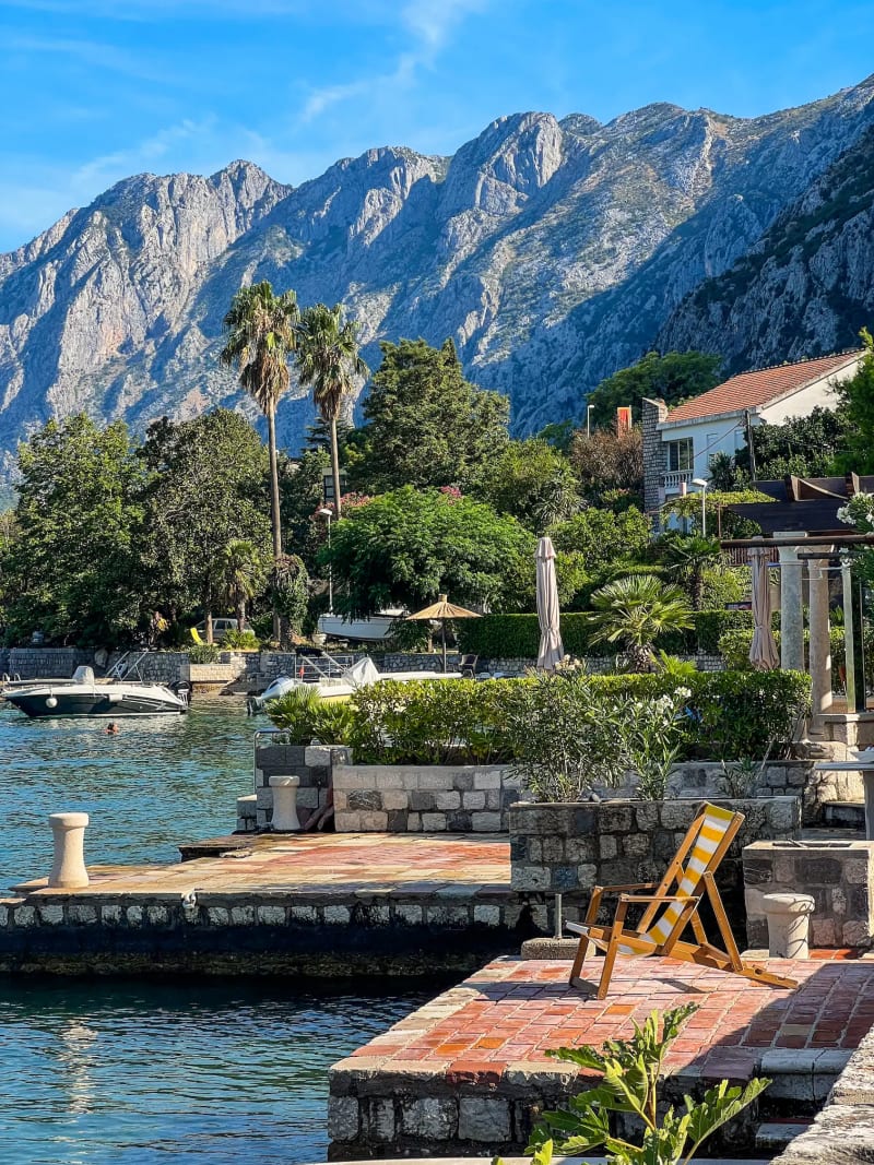 Bayside palm tree lined road in Dobrota Montenegro