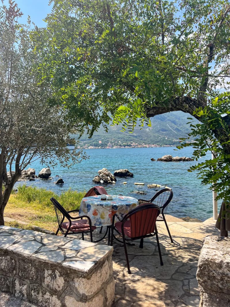 Waterfront seating along the bay of Kotor in Montenegro