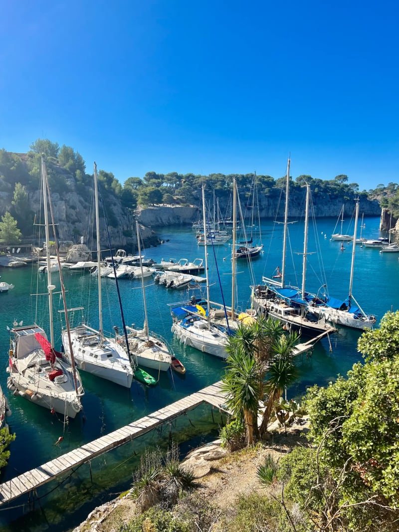 Boats parked in the sea at Calanques National Park in the South of France