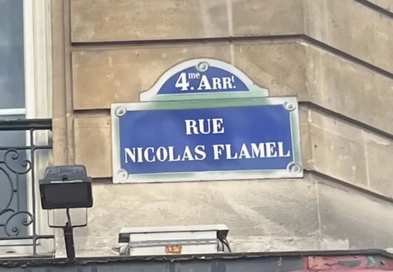 Rue Nicolas Flamel street sign in Paris, France