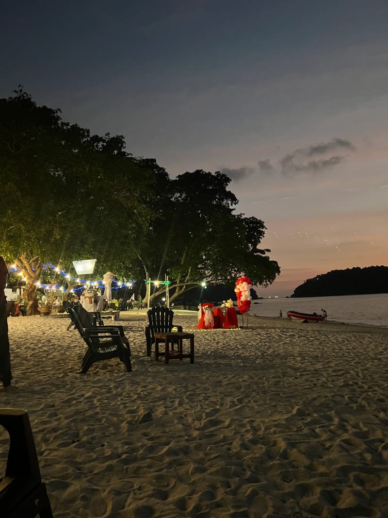 Beach bars at night at Coral Beach on Pangkor Island, Malaysia