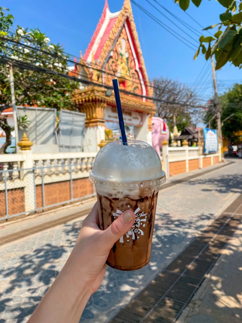 Thai coffee and temple in Na Baan village on Koh Larn