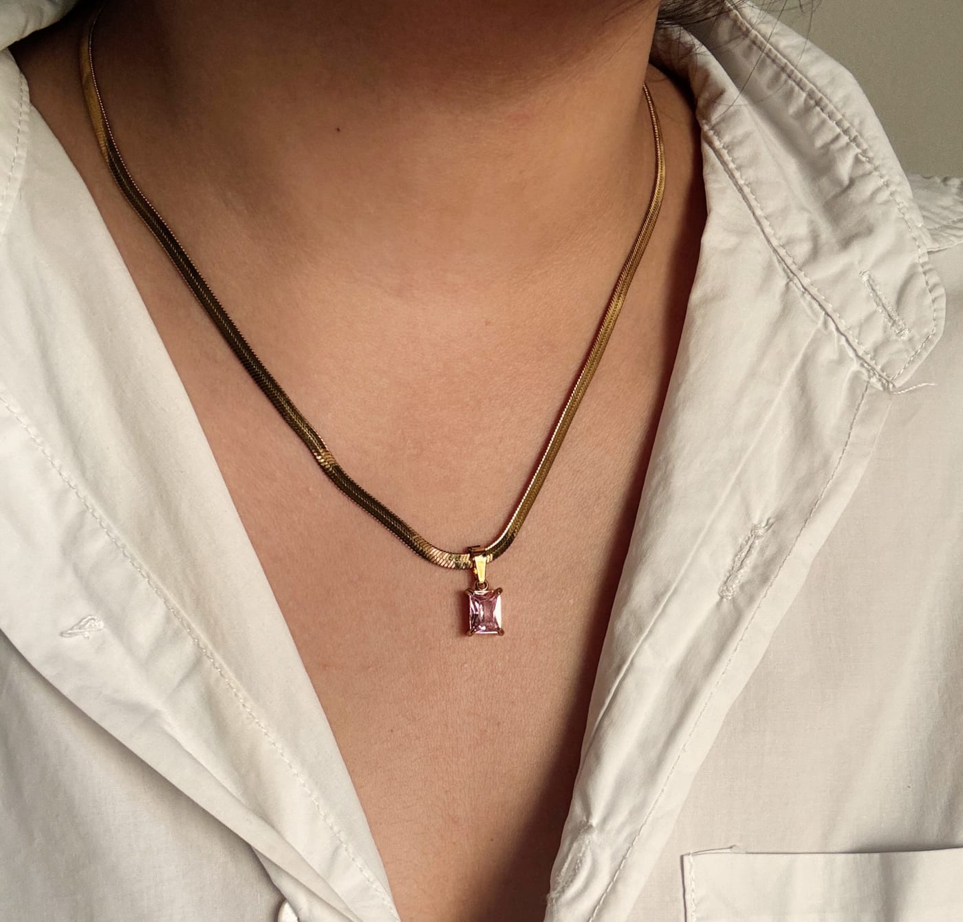 Pink Emerald Cut Crystal Herringbone Pendant